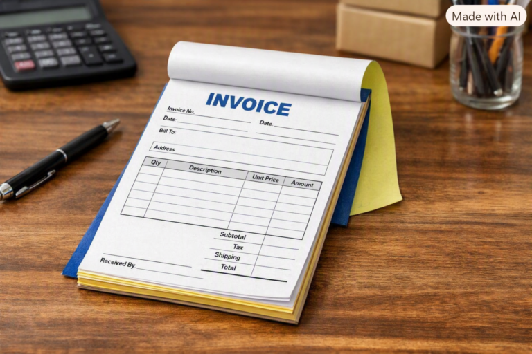 Three-ply BIR-registered sales invoice booklet open on a counter